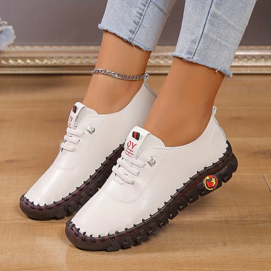 Women's Solid Color Flat Shoes, Leather Walking Sneakers